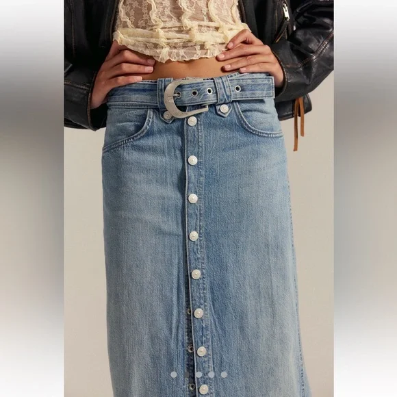Free People Astoria Denim Maxi Skirt We The Free Belt Adjustable Dark Blue